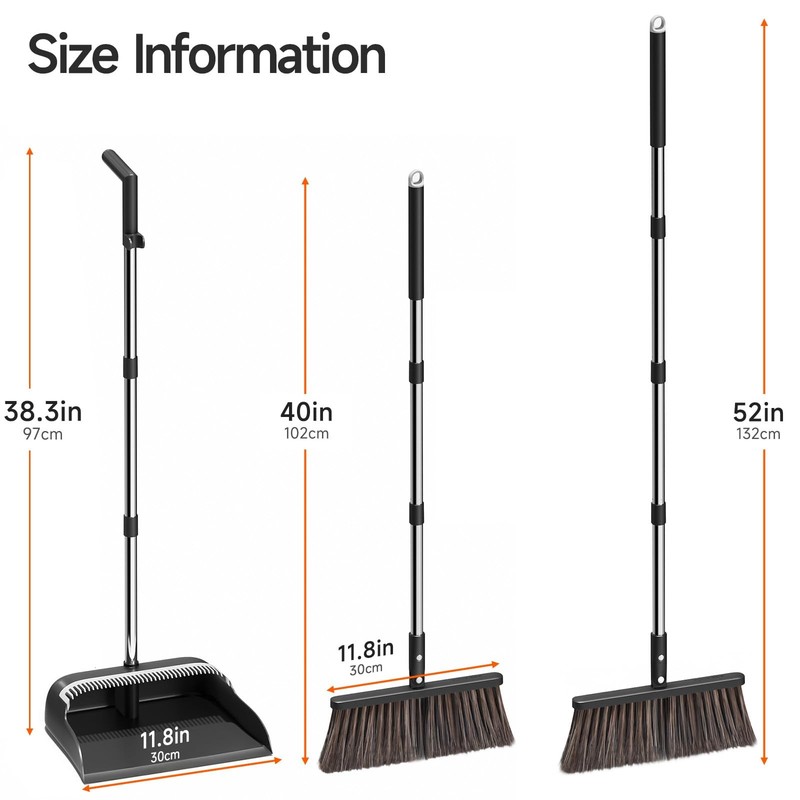 Broom and Dustpan Set, Extra Brush Head & 52" Adjustable Long Handle Standing... gallery