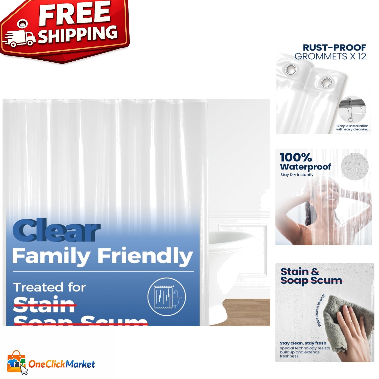 Water Repellent Clear Shower Curtain Liner, 72" x 72", Durable PEVA with Magnets gallery