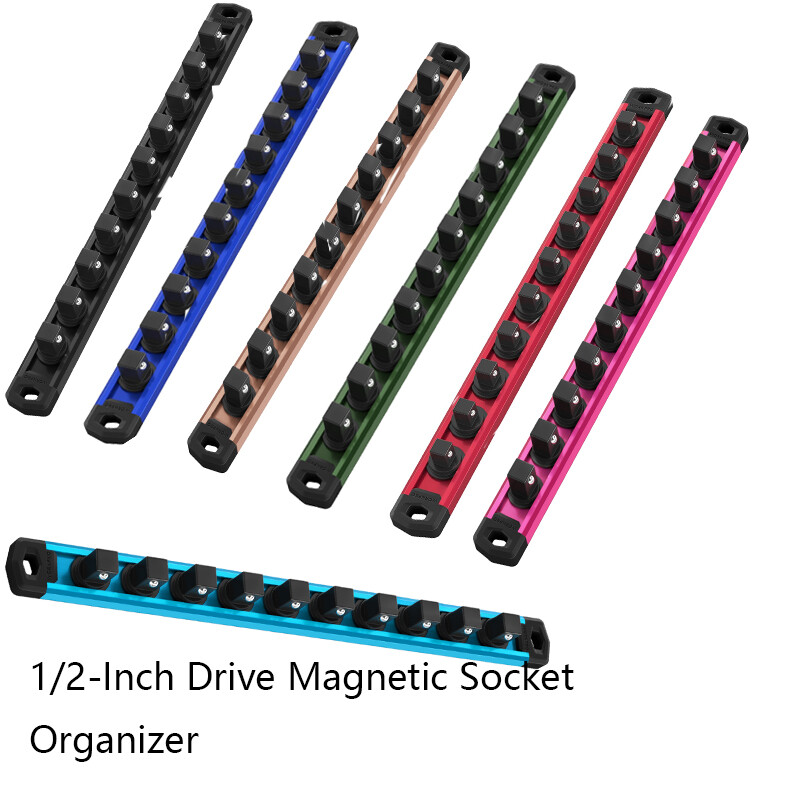 WORKPRO 1/2'' Dr Magnetic Socket Organizer MultiColor Aluminum Alloy Socket Rail gallery