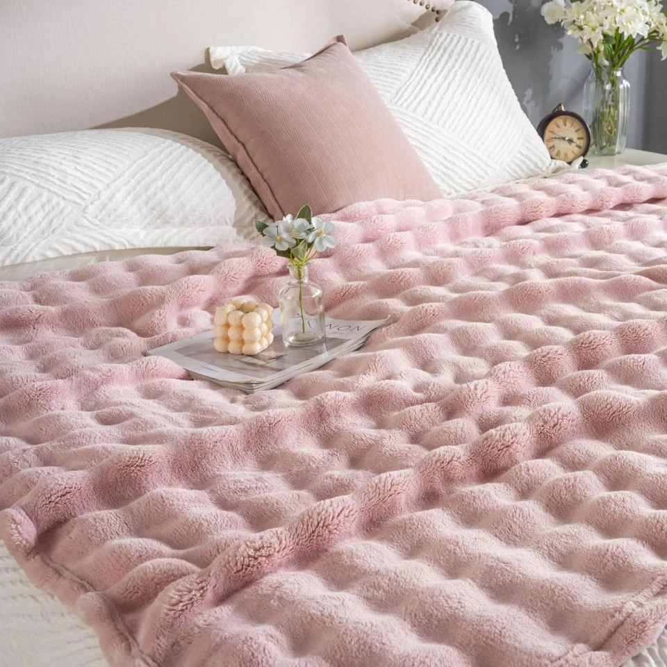 Pink Faux Fur Throw Blanket for Couch, Soft Fluffy Bubble throw(50x60), gallery