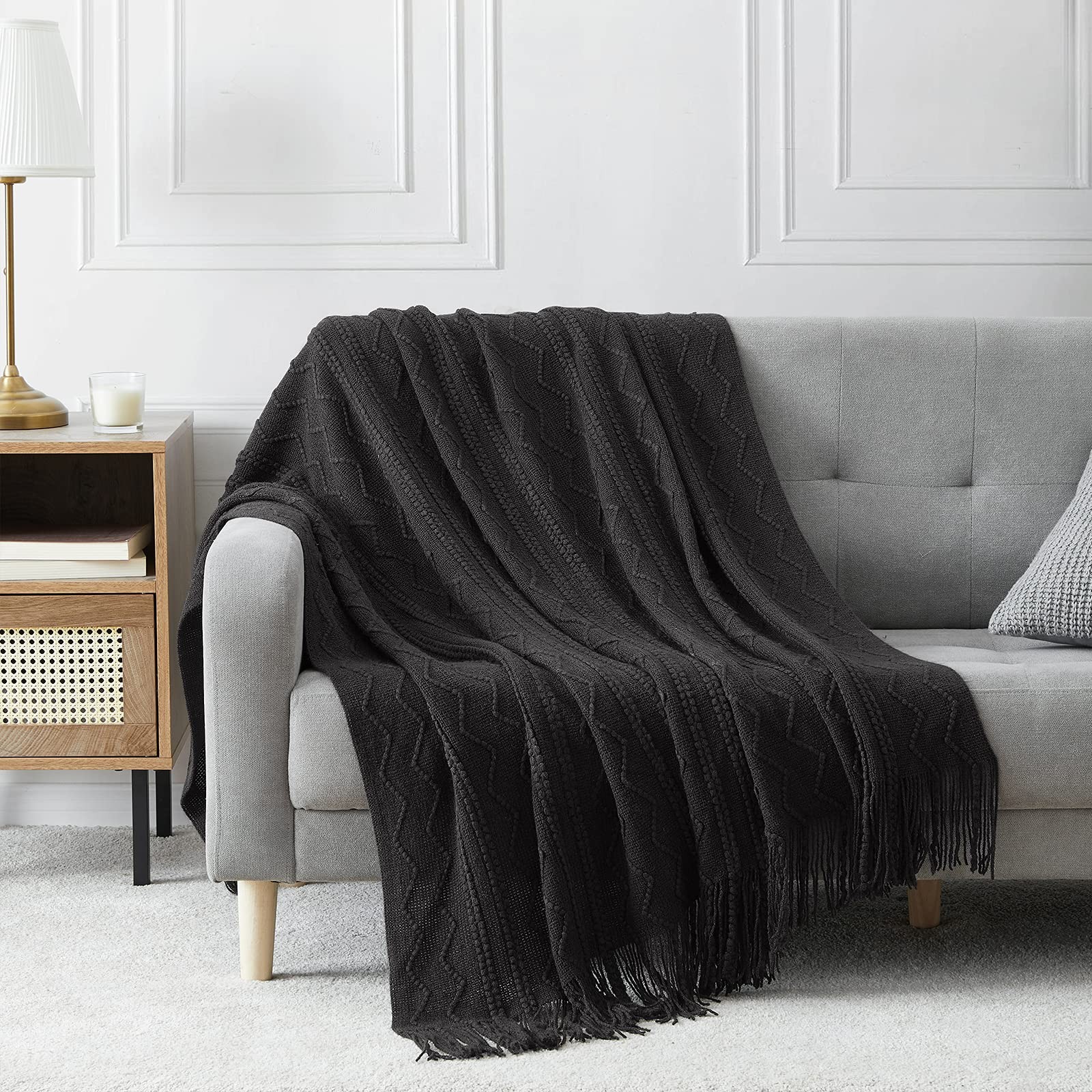 50x60 Inch Black Throw Blanket Textured Solid Soft Sofa Couch Decorative Knit gallery