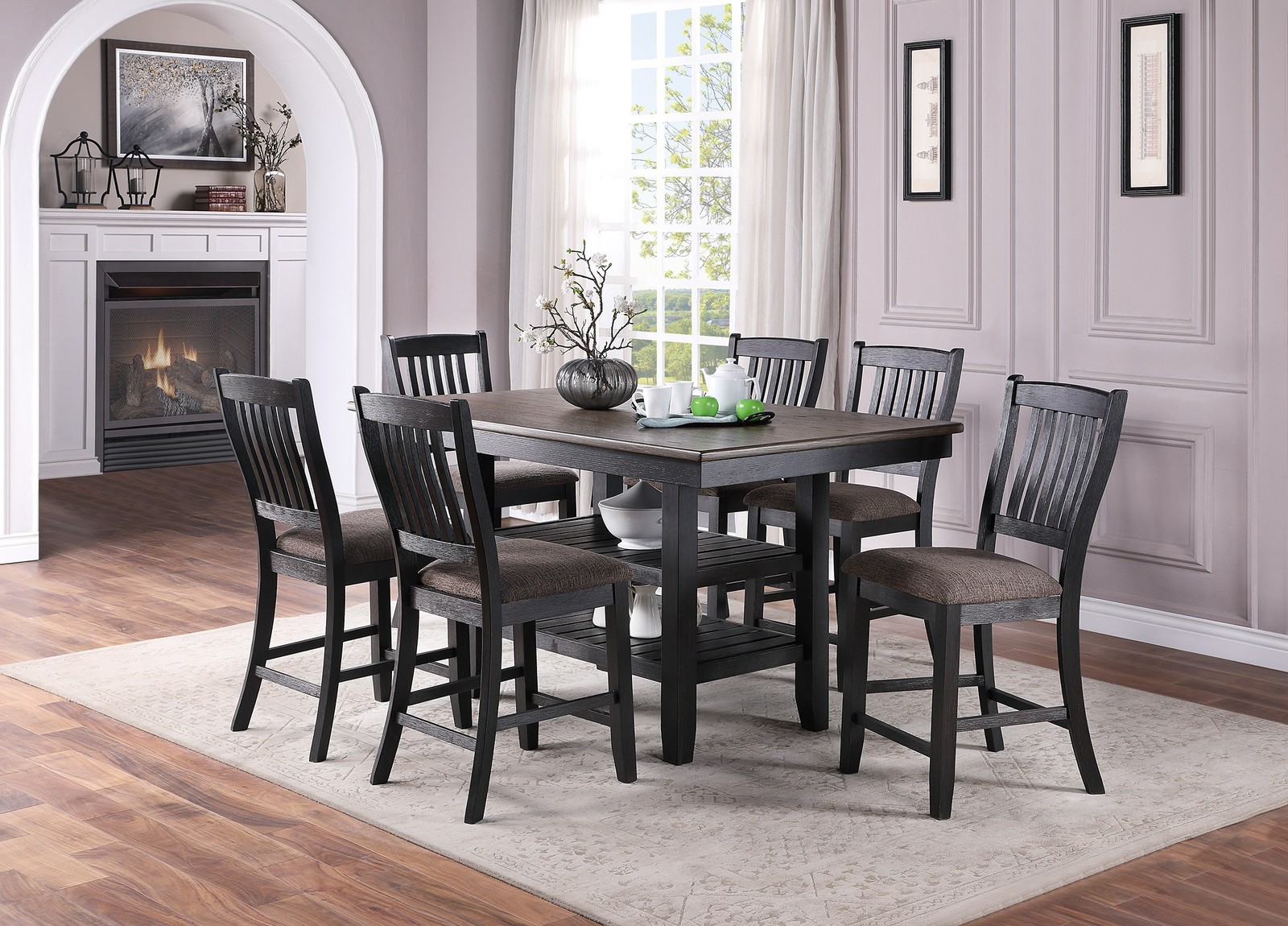 Transitional Dining Room 7pc Set Dark Coffee Rubberwood Counter Height Dining gallery