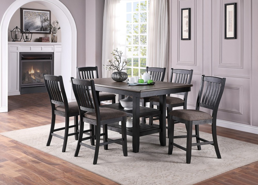 Transitional Dining Room 7pc Set Dark Coffee Rubberwood Counter Height Dining