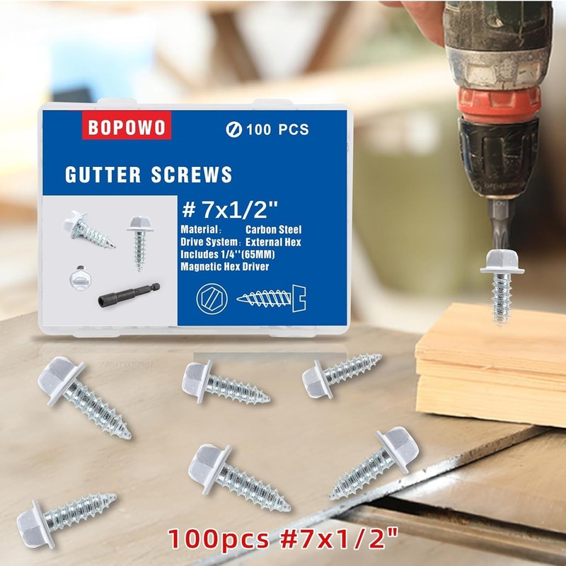 100 Pcs Slotted Hex Gutter Screws - Quality Carbon Steel, White Finish gallery