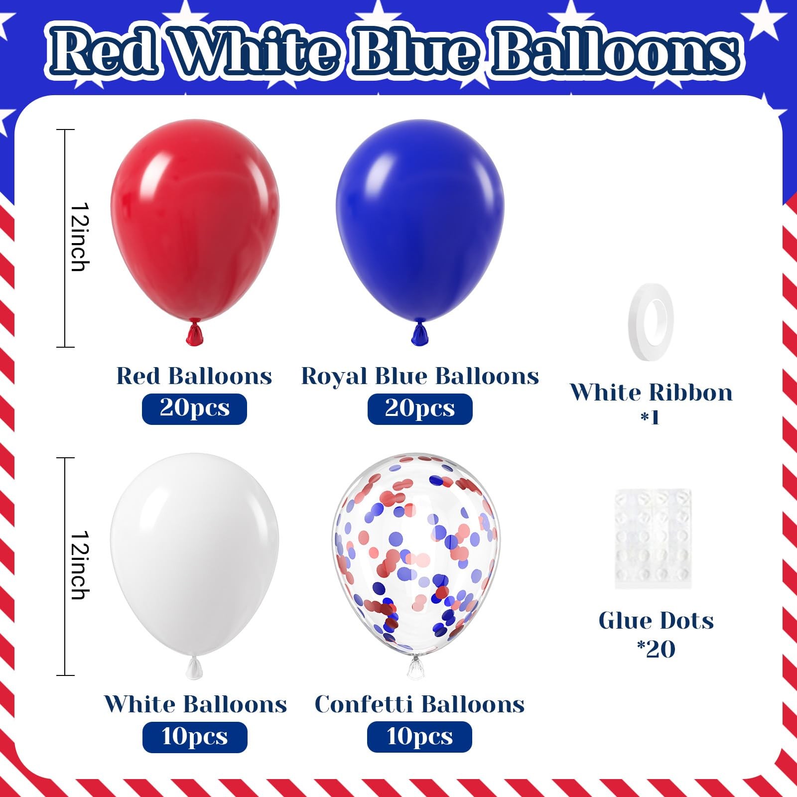 60 Pcs 12 Inch Red White Blue Balloons Patriotic 4th of July Party Decor gallery