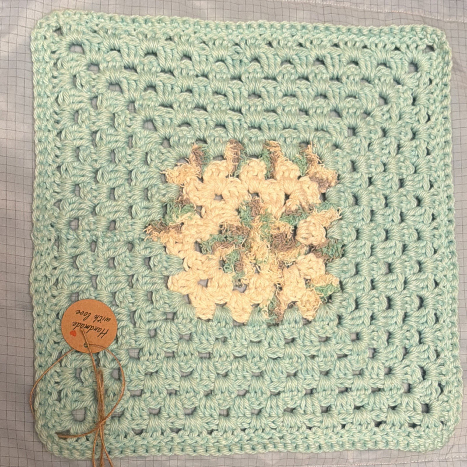 Handmade Crochet washcloth Light Blue White - scrubby yarn in the middle. Unisex gallery