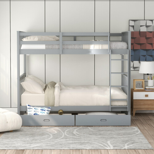 Twin Over Twin Bunk Bed W/ Storage Drawers Wood Platform Beds Bedroom Furniture gallery