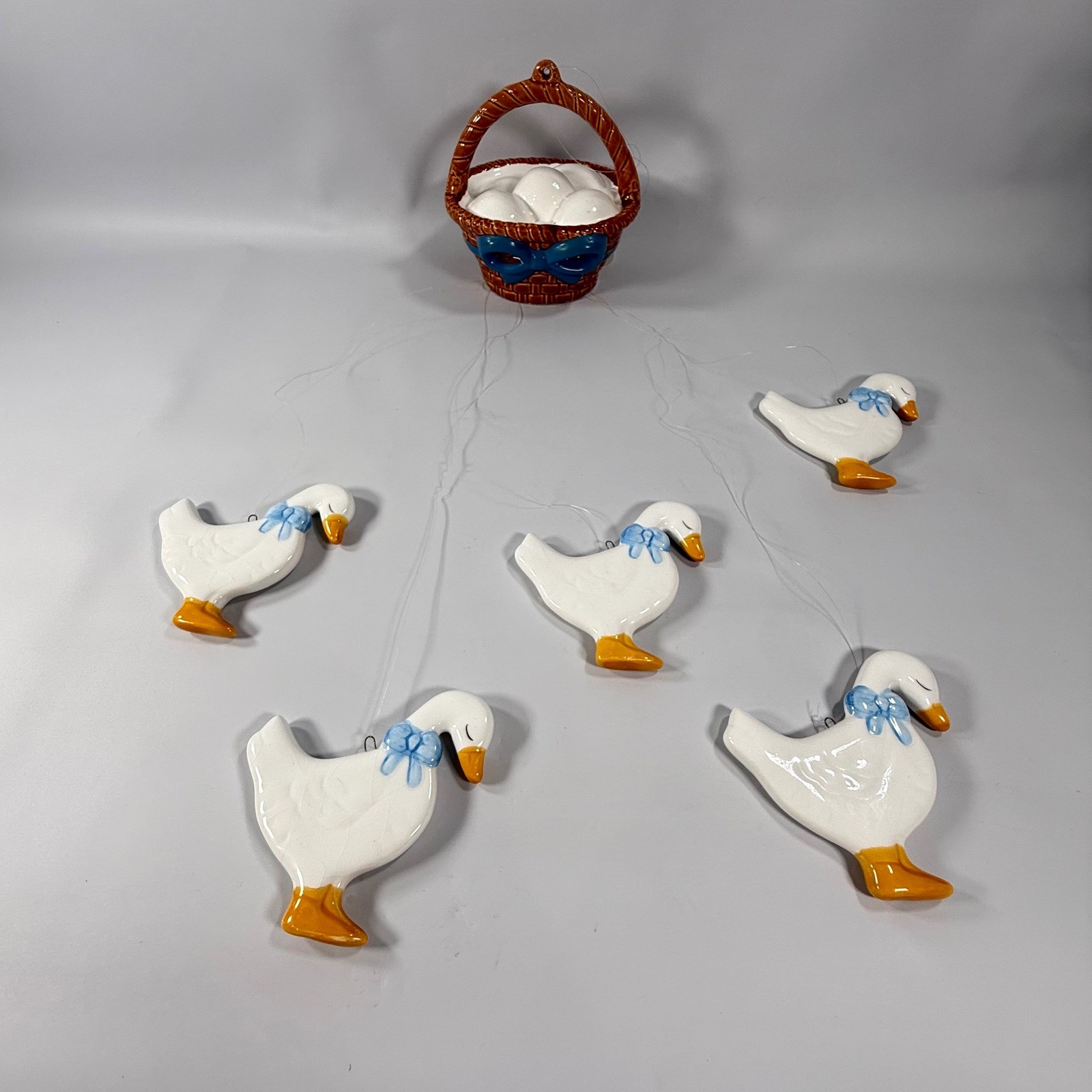 VTG Goose Ceramic Hanging Mobile Wind Chime White Blue Farmhouse Cottagecore gallery