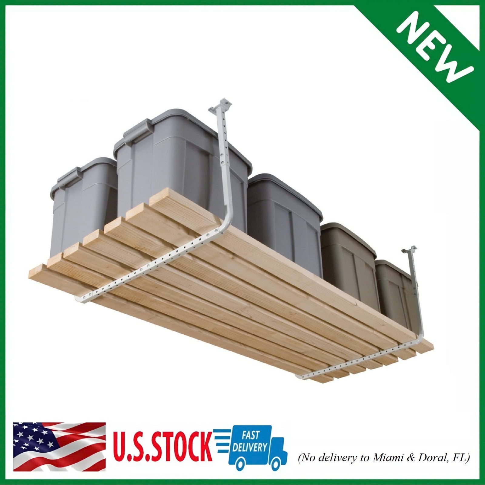 Garage Ceiling Storage Rack Kit Adjustable White Heavy Duty Overhead Shelving gallery