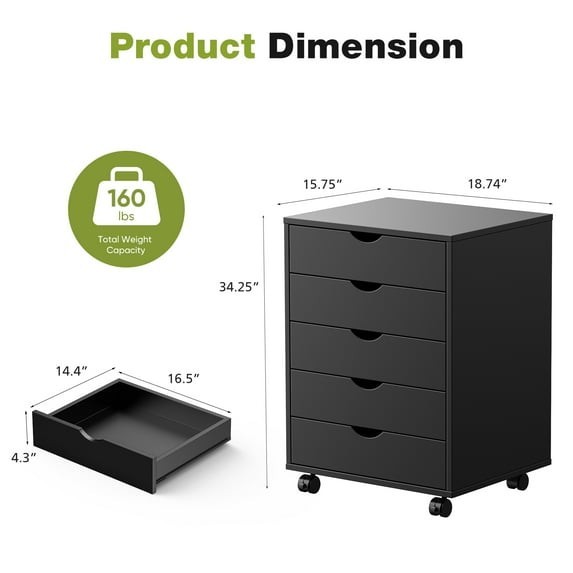 5 Drawer Rolling Storage Cabinet Portable Organizer Cart Black Home Office gallery