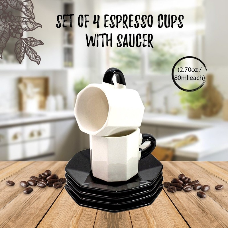Bacimi Handcrafted Ceramic Octagon Espresso Cup W/ Saucers 2.70oz / 80ml 4 Pack gallery