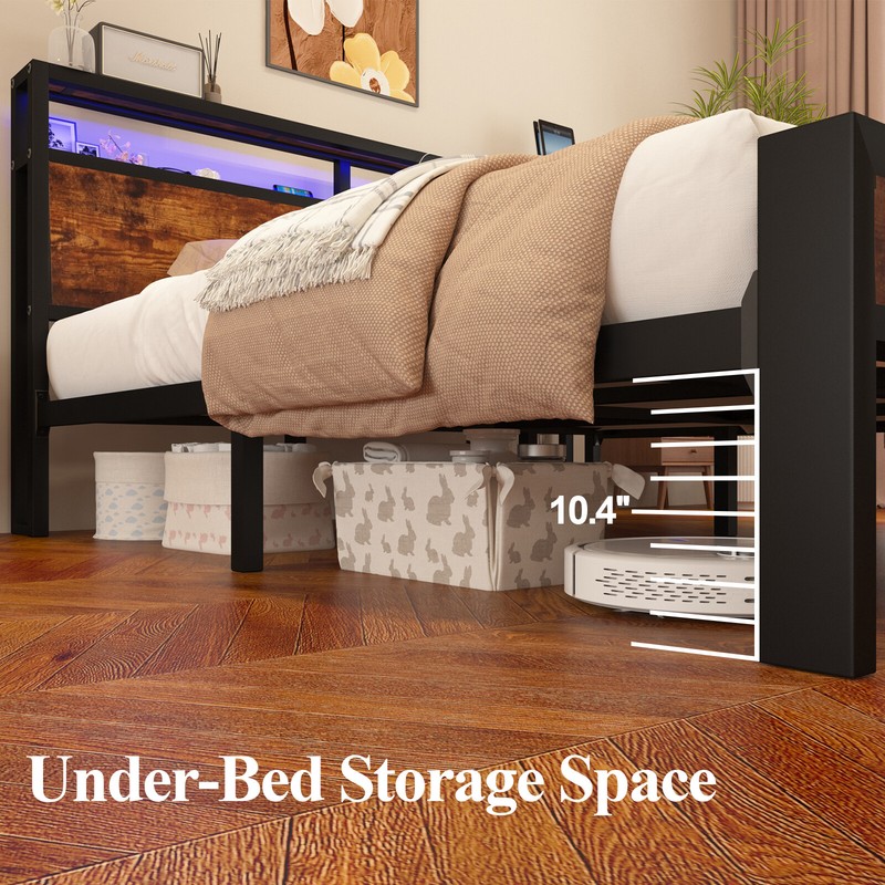 Full Queen King Bed Frame with LED Lights Storage Headboard and Charging Station gallery