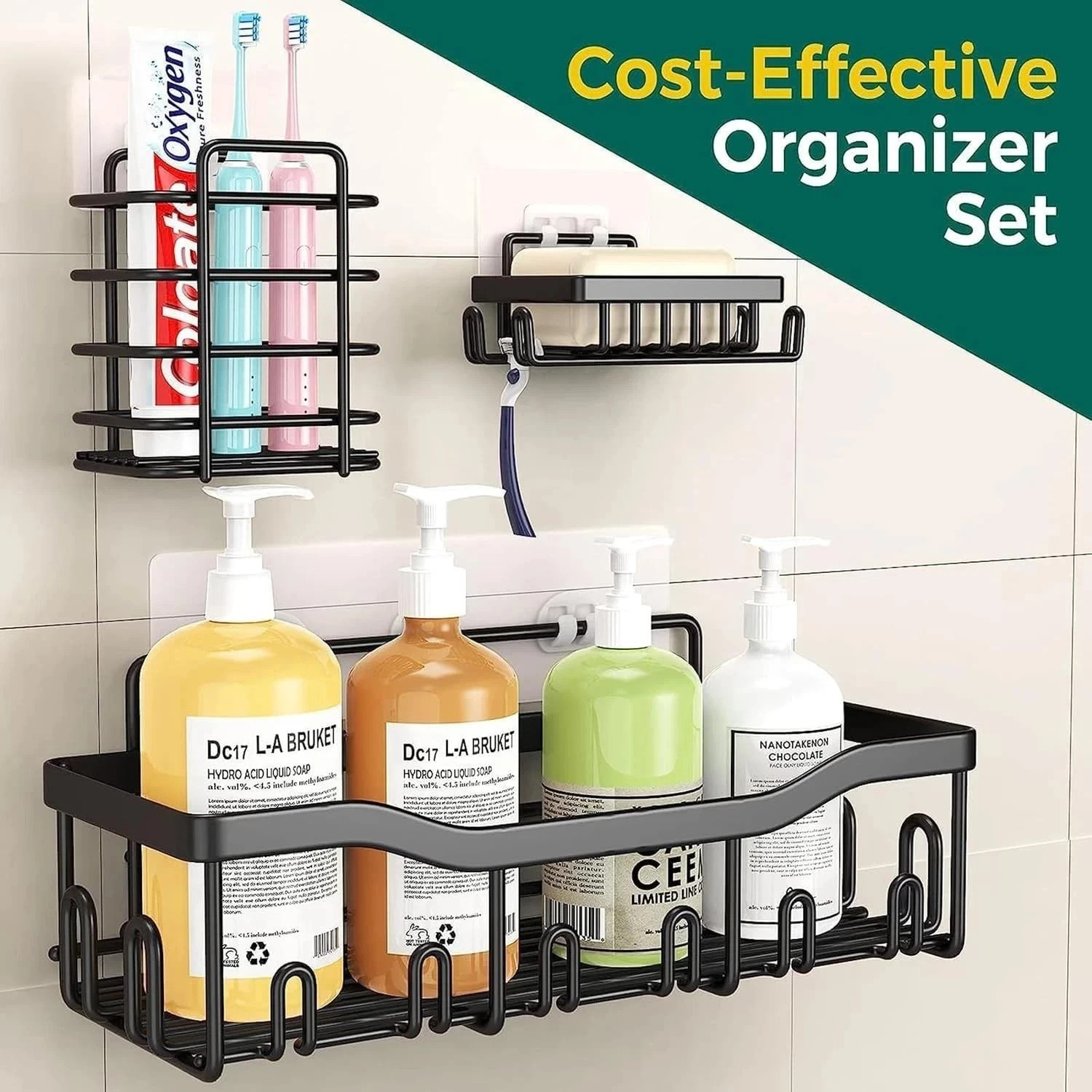 5 Pack/Set Shower Caddy Adhesive Shower Organizer for Bathroom & Kitchen | Black gallery