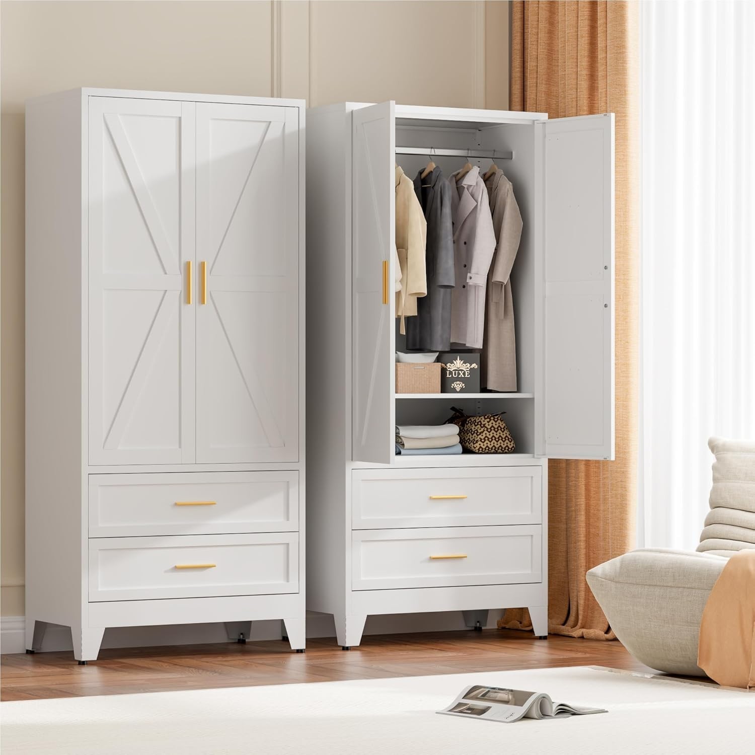 Elegro 71"H Metal Wardrobe Cabinet With 2 Drawers and Hanging Rod For Bedroom gallery