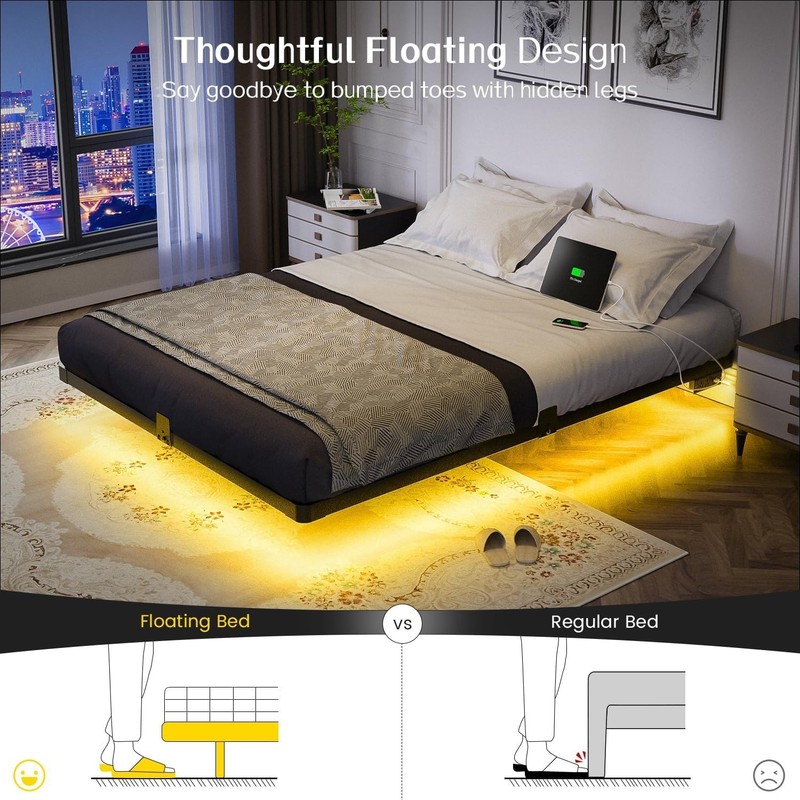 Full Size Floating Bed Frame with Smart LED Lights Charging Station Modern Metal gallery