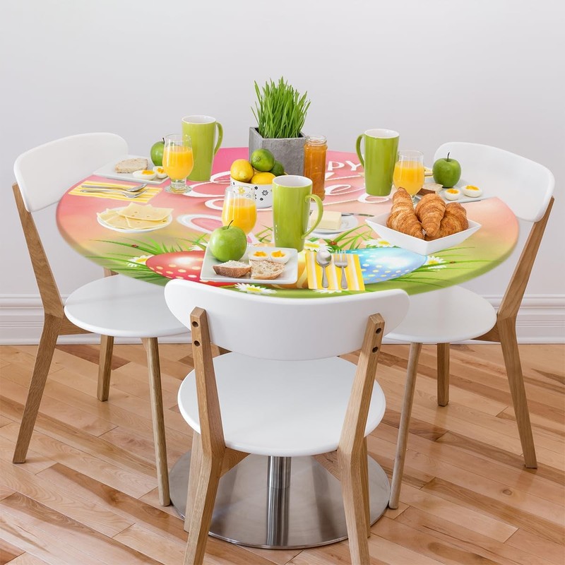 Easter Rabbit Cute Round Fitted Tablecloth Easter Egg Round Table Cover with ... gallery
