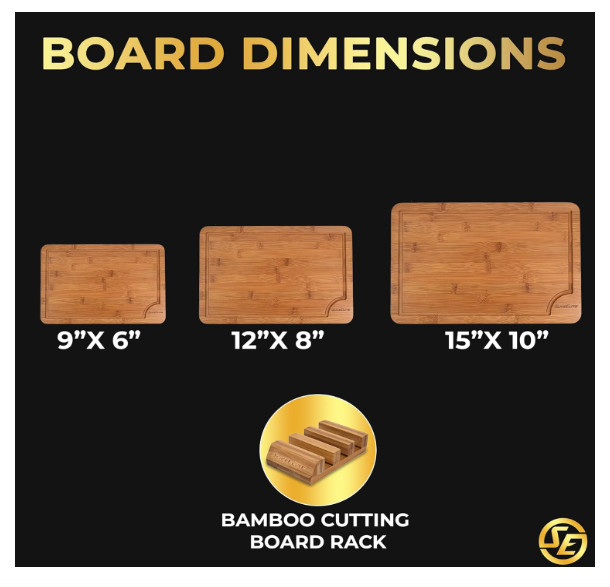 SliceElite Rich Brown Carbonized Bamboo Cutting Board Set 3 Piece with Stand gallery