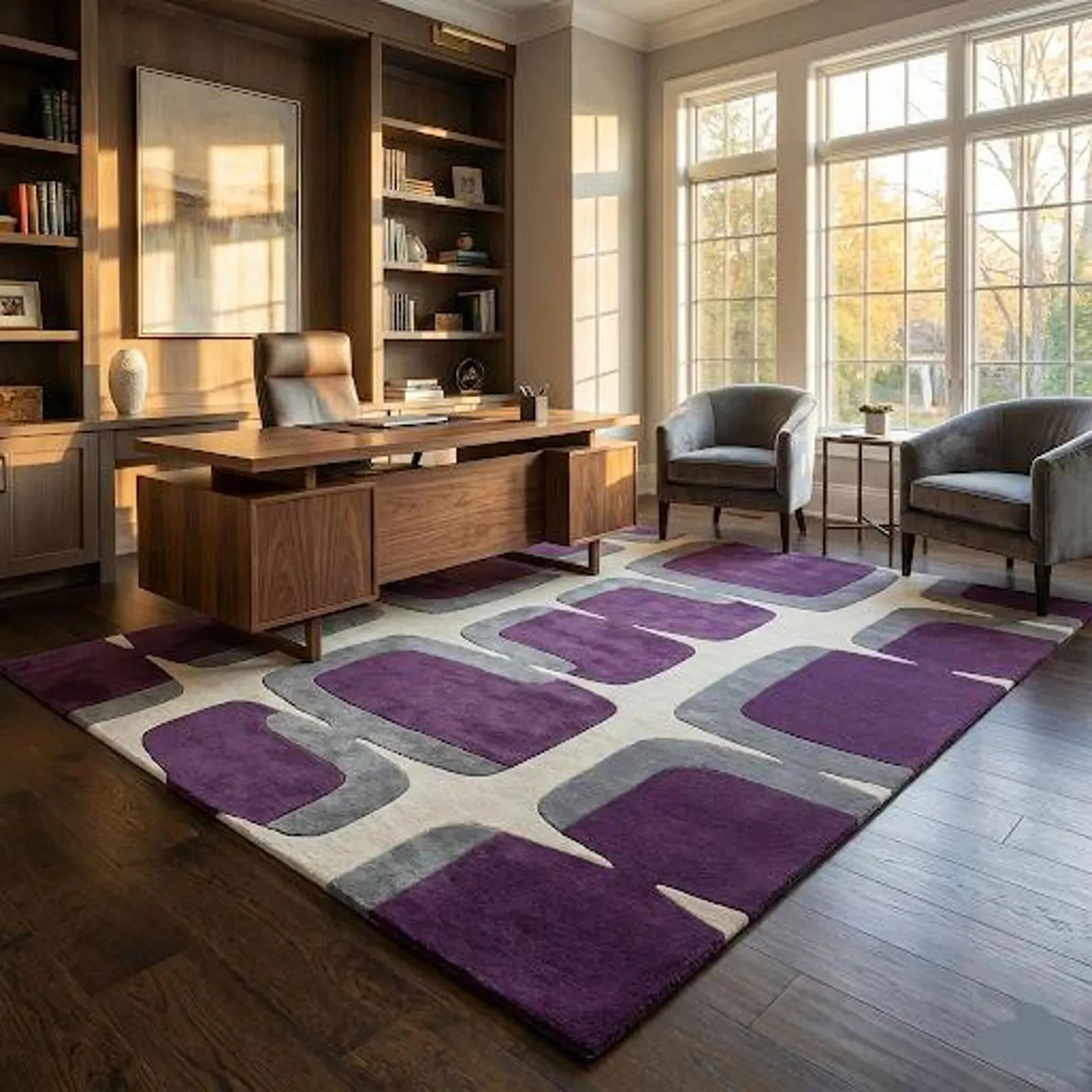 Hand Tufted Modern Geometric Rug Purple & Gray Abstract Carpet Contemporary Area gallery