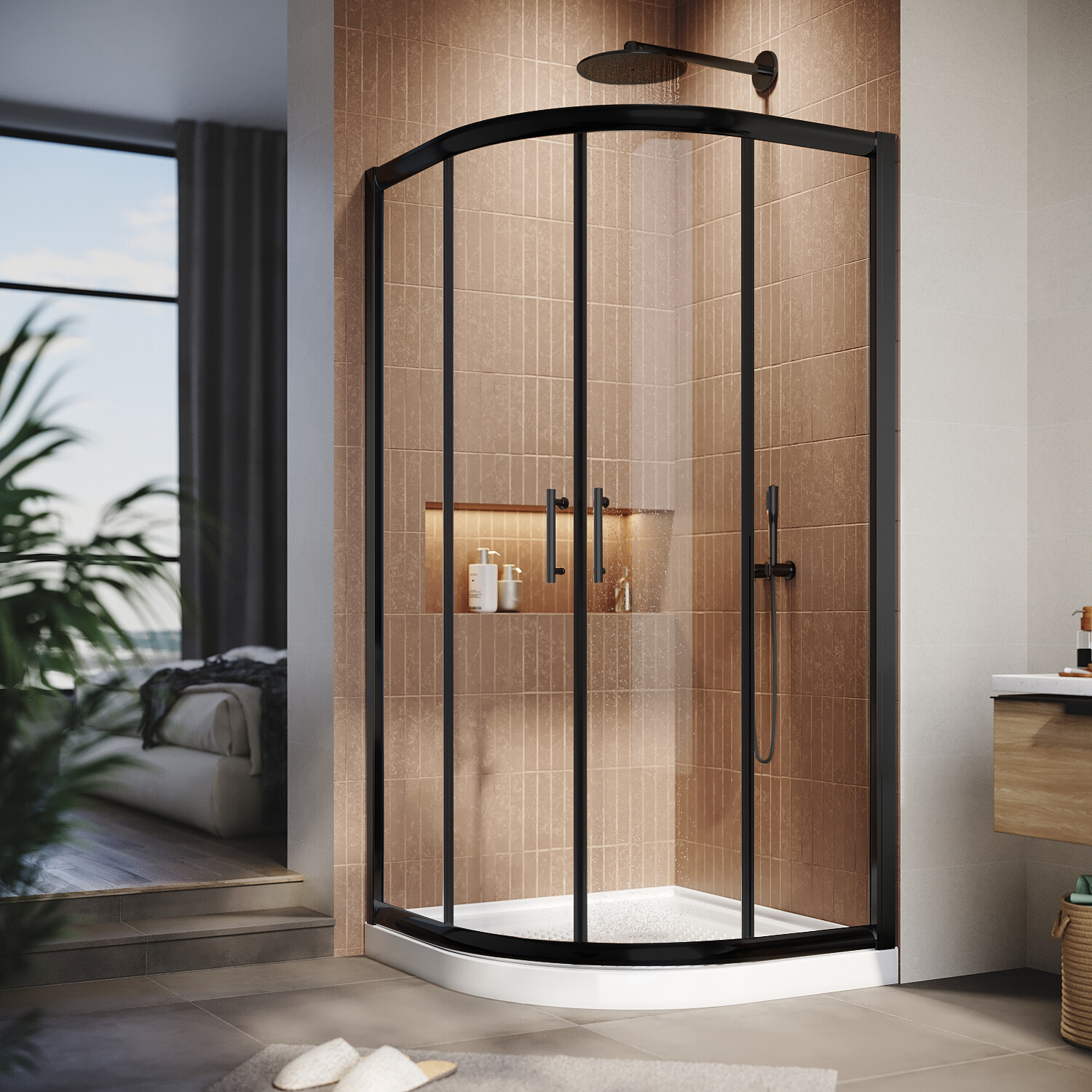 SUNNY SHOWER Sliding Shower Door Neo-Round Corner Shower Enclosure Black Finish gallery