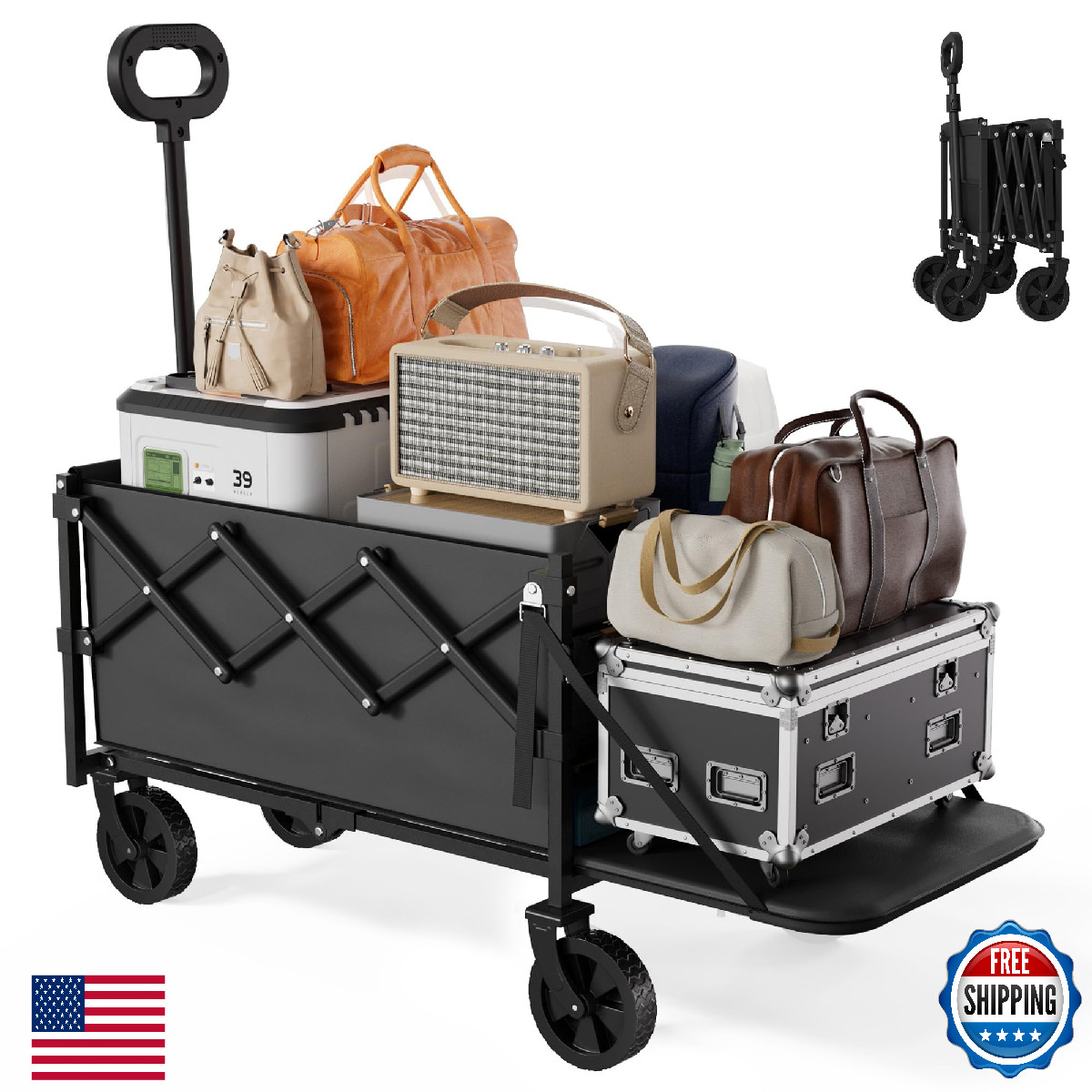 Geisoun Collapsible Wagon with Wheels & Tailgate 350LBS Foldable Utility Cart Li gallery