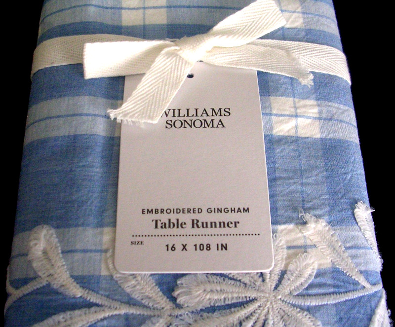 WILLIAMS SONOMA EMBROIDERED GINGHAM TABLE RUNNER 16X108 IN 100% COTTON BLUE NWTG gallery