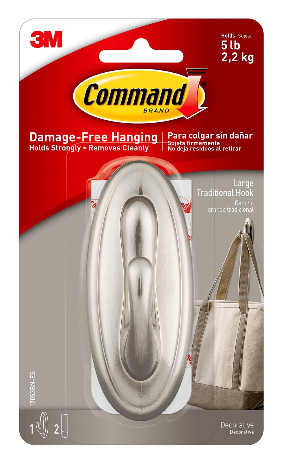 3M Command 17053BN Traditional Plastic Hook, Large, Brushed Nickel gallery