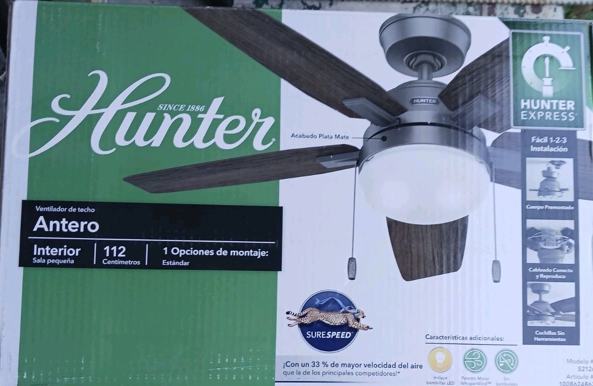 Hunter Antero 44 in. Indoor Matte Silver Ceiling Fan with Light SEALED gallery