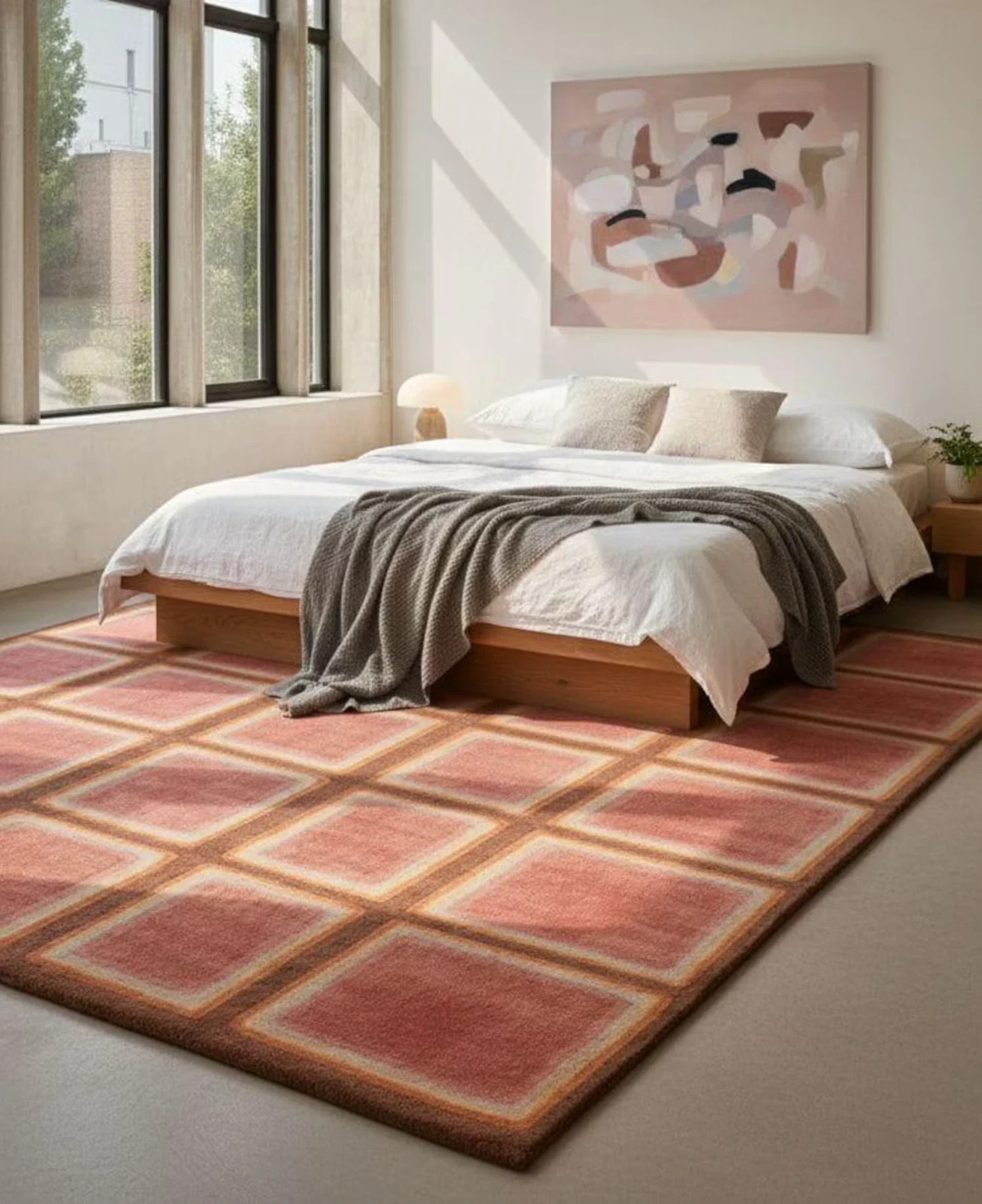 Retro 70s Geometric Rug Terracotta Orange Mid Century Hand Tufted Wool Carpet gallery
