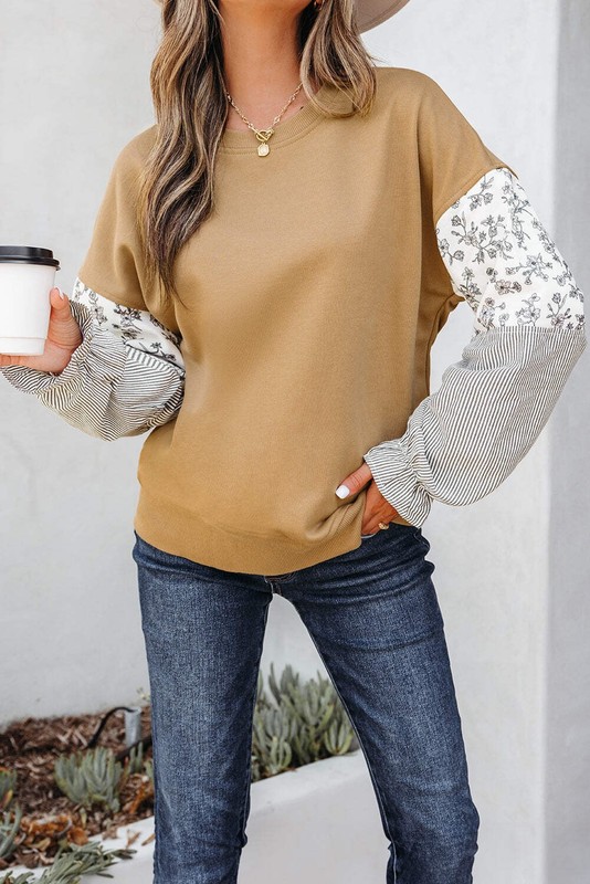 Camel Floral Striped Patchwork Ruffled Sleeve Crew Neck Sweatshirt gallery