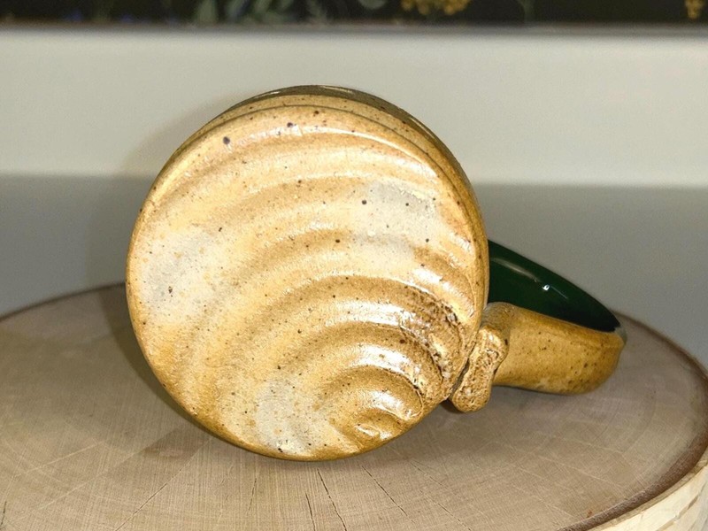 Rustic handmade studio pottery mug - etched tan with green speckled glaze gallery