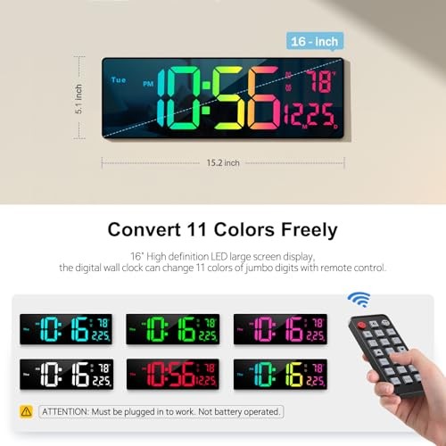 Digital Wall Clock Large Display 16", Digital Clock with 11 RGB Multicolor gallery