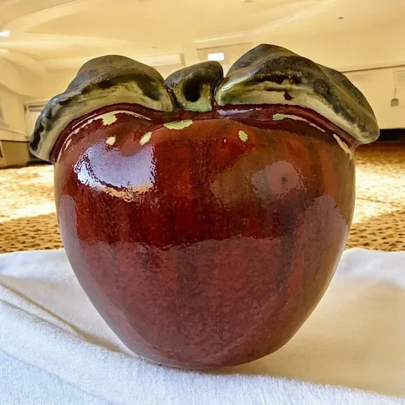 Ceramic Red Apple Fruit Pottery Decoration Green Stem Hand Painted