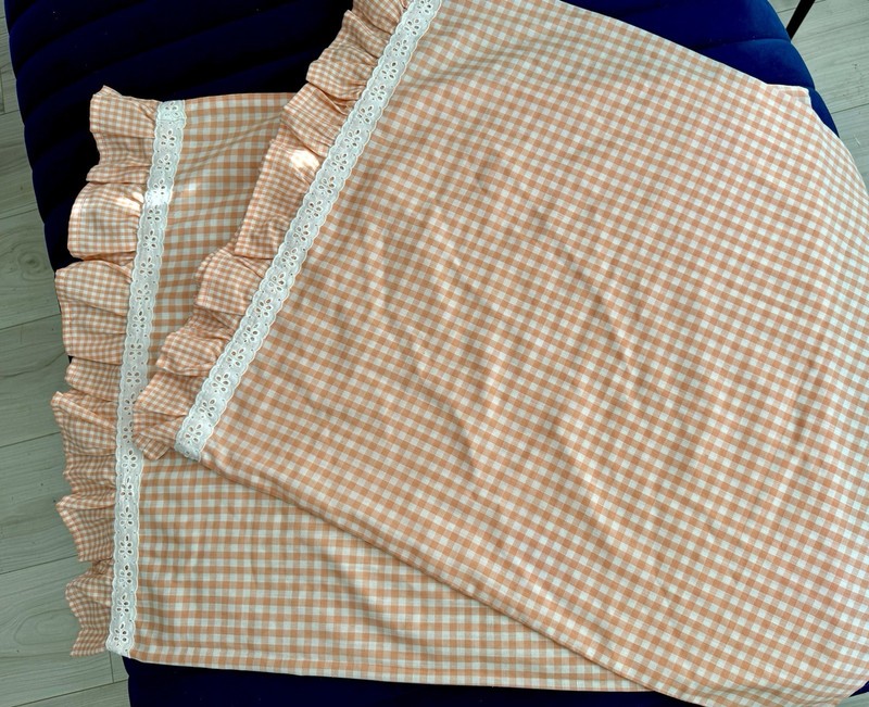 2 Vtg Pair Standard Handmade Orange Ruffle Gingham Checked Pillowcases 22x28 gallery