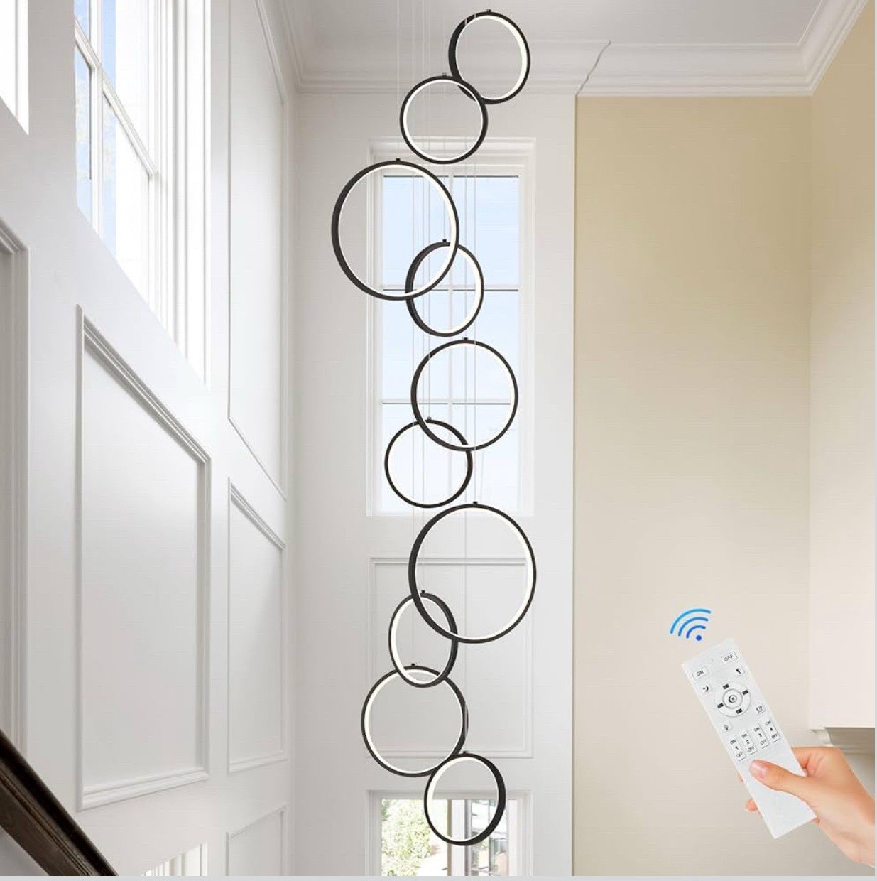 Sparklelf 10 Ring Modern LED Chandelier for High Ceiling Black Contemporary 2126 gallery