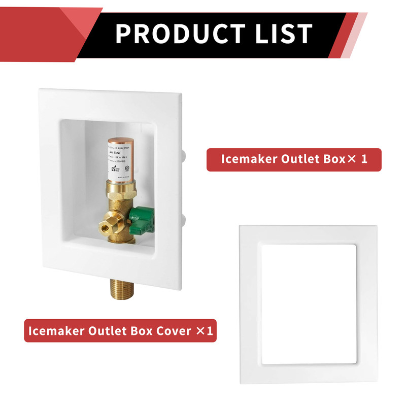 EFIELD 1/2" MNPT Inlet Ice Maker Outlet Box, With Copper Water Hammer Arrestor gallery