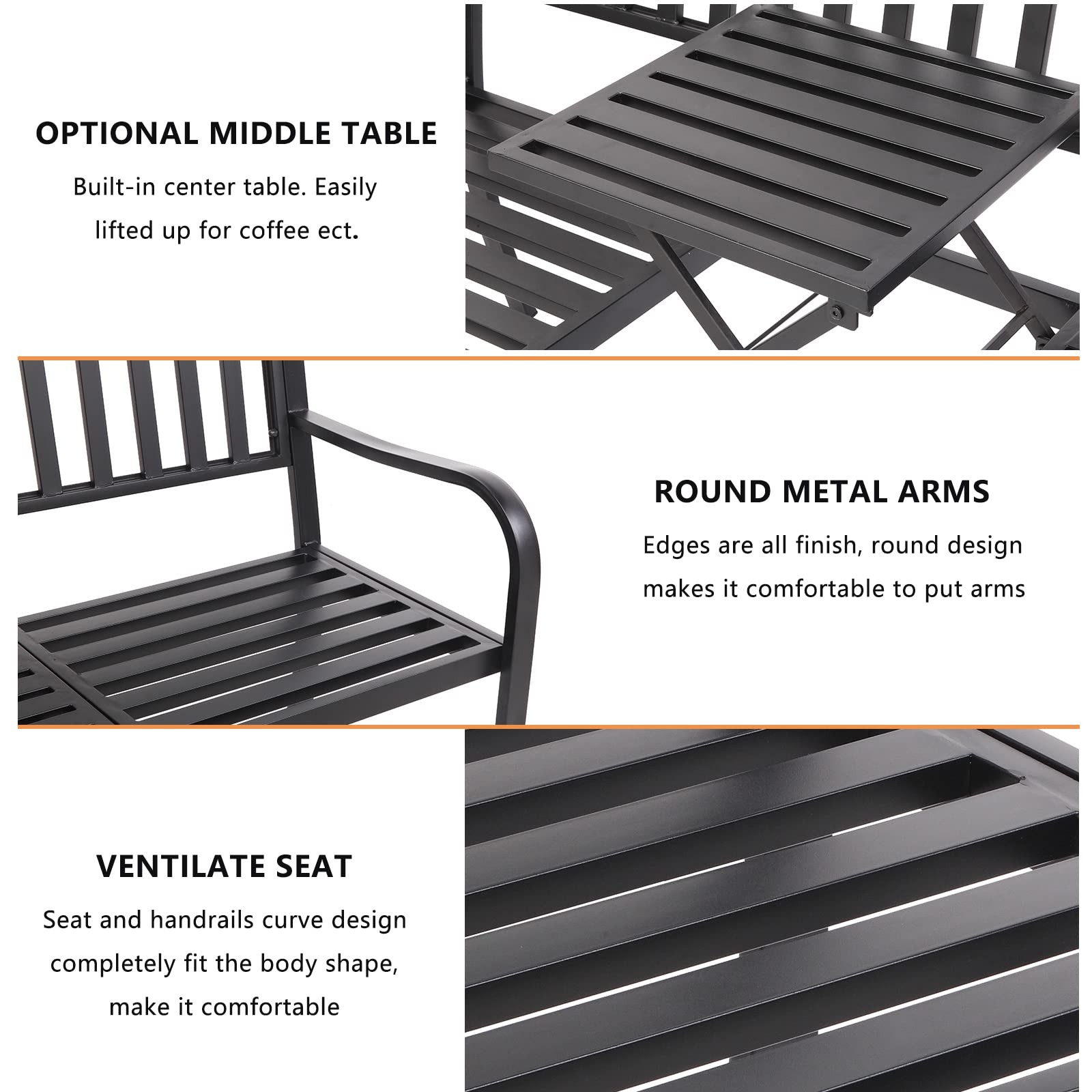 59" Outdoor Metal Bench Patio Bench with Built in Table Park Bench Garden Bench gallery