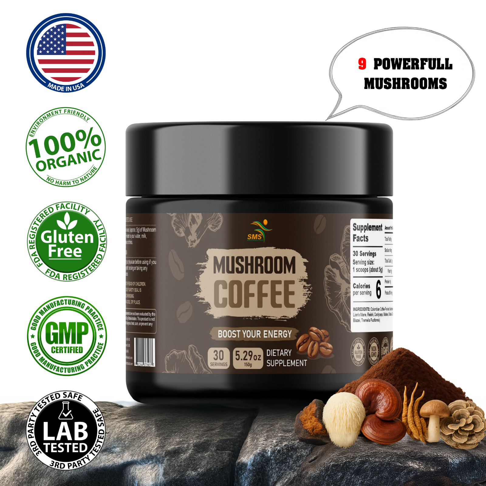 Organic Mushroom Coffee 9 Adaptogenic Mushroom 150g 30 Servings gallery