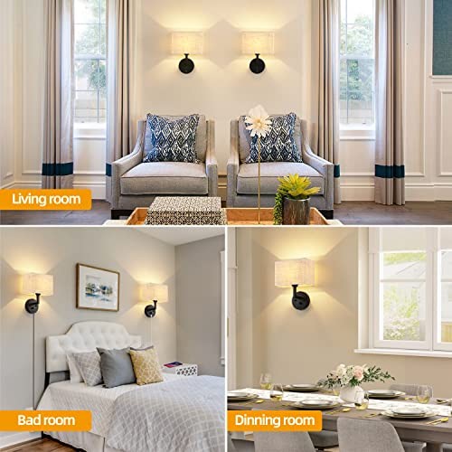 Plug in Wall Sconce with Dimmer Switch and USB Port，9.5“Rectangular Linen Black gallery