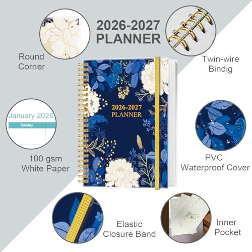 2026-2027 Planner - 18 Months Weekly & Monthly 5.8" x 8.3" Blue Leaf Flower gallery