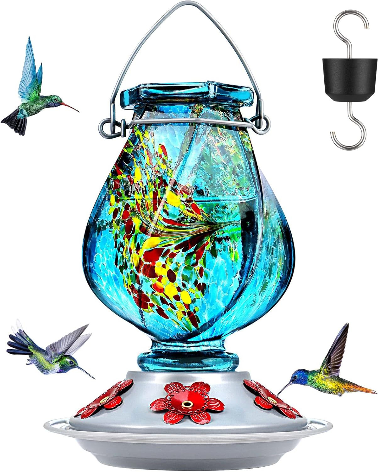 Hummingbird Feeder, Hand Blown Glass Hummingbird Feeders for Outdoors Hanging wi gallery