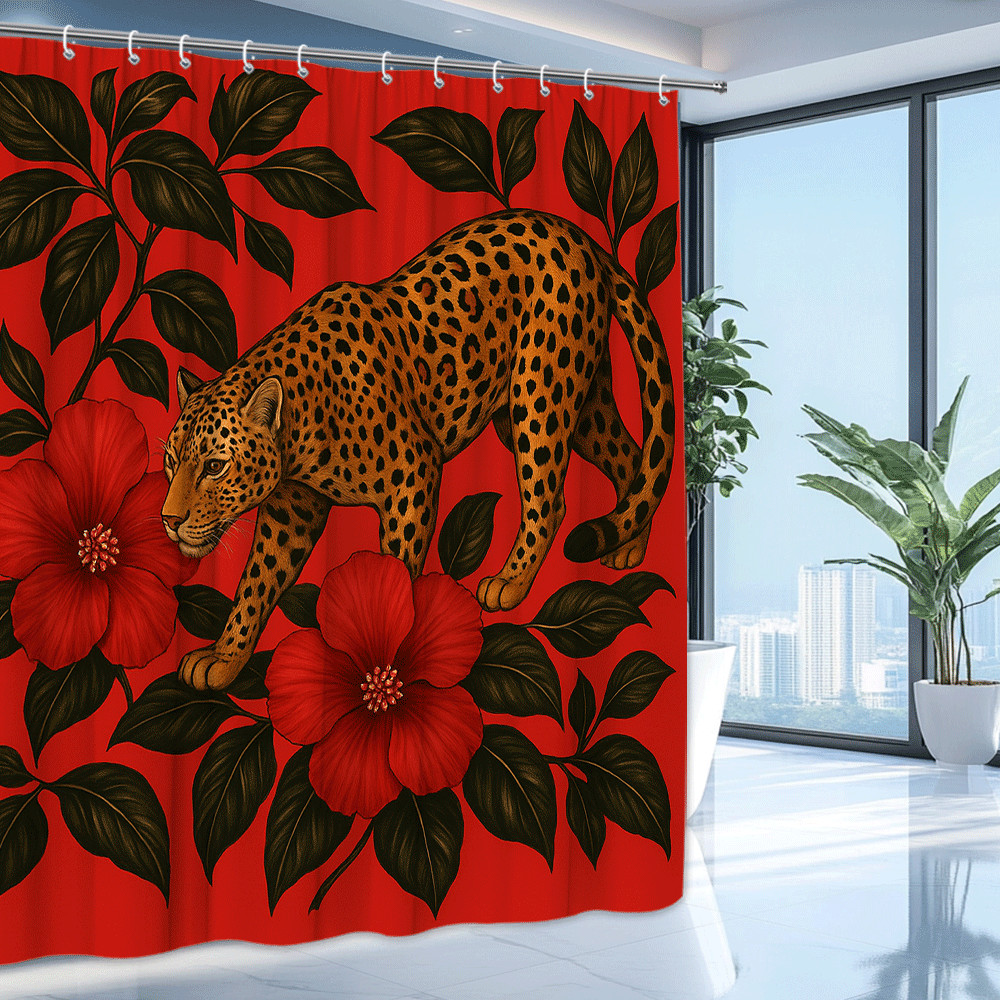 Leopard Print Floral Shower Curtain - Red Hibiscus Design gallery