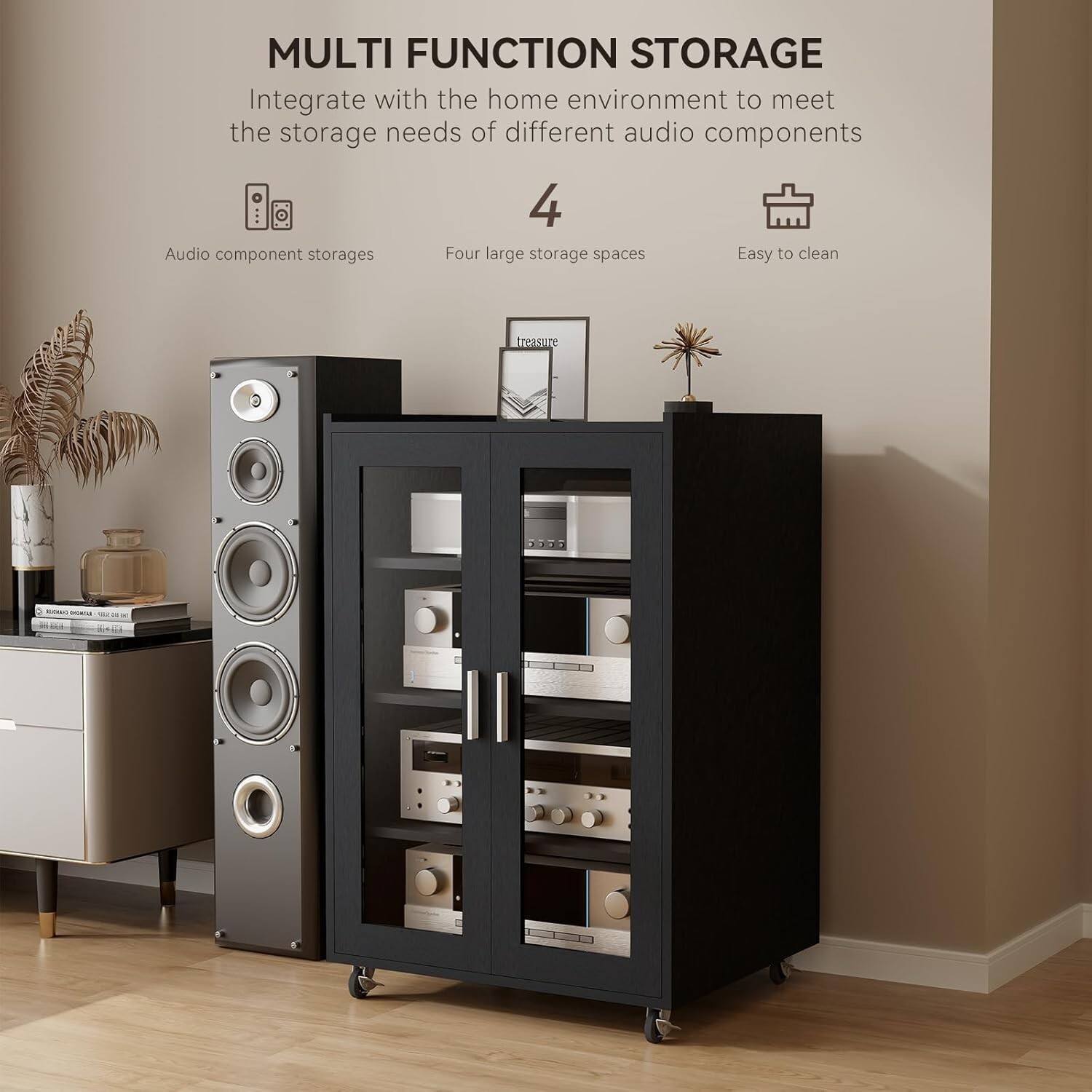 AV Media Storage Cabinet w/ 4-Tier Shelves Tempered Glass Doors Lockable Wheels gallery