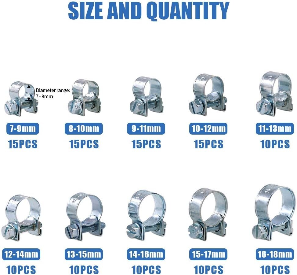 120Pcs 10 Size Mini Fuel Injection Style Hose Clamp Assortment Kit For... gallery