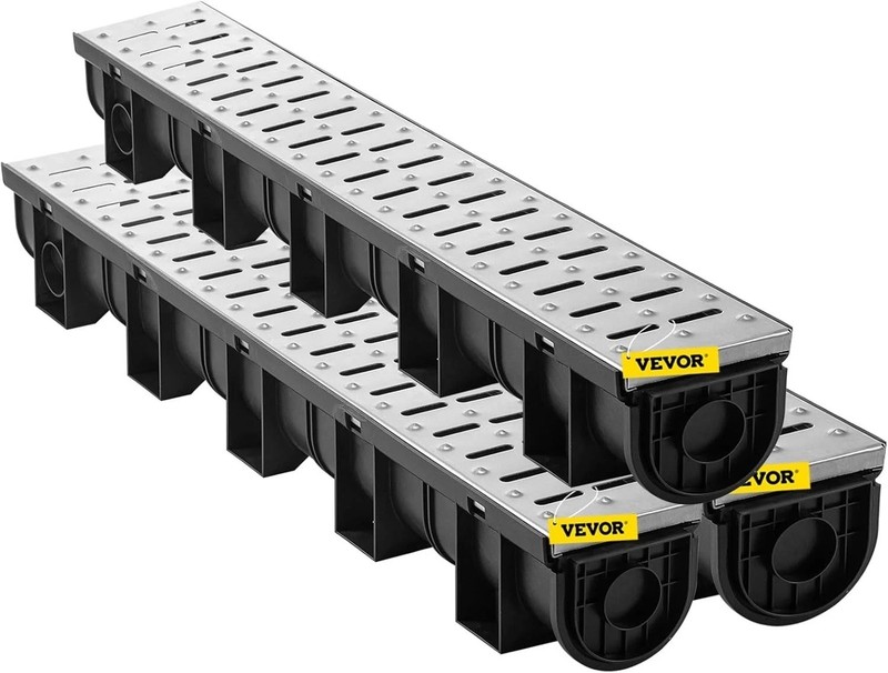 Durable Trench Drain System 3 Pack | Black HDPE | Metal Grate | Garage Waterway gallery