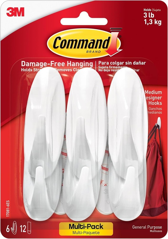 Command Wall Hooks - 6 Hooks & 12 Strips - Holds up to 3 Lb