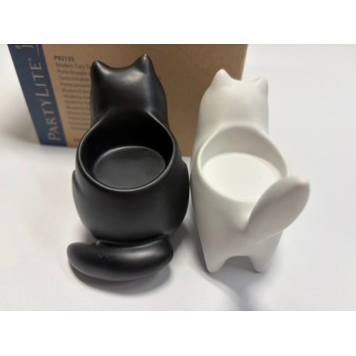 PartyLite Modern Cat Tealight Holders Set of 2 Black White Ceramic w Box rare gallery