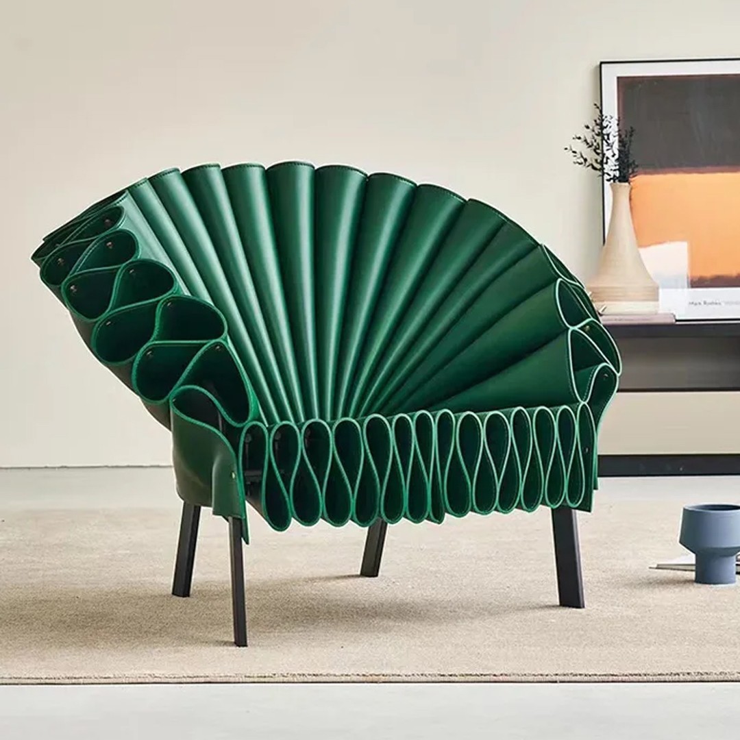 Nodic Designer Leather Lounge Accent Chair in Green Peacock Opening Plumages gallery