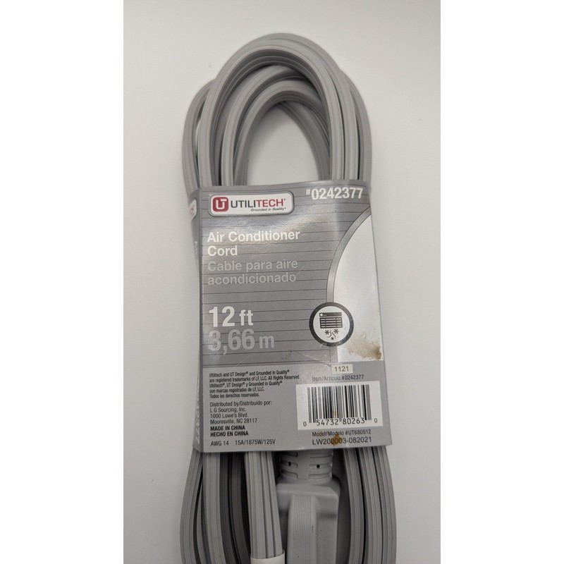Utilitech 12ft Air Conditioner Extension Cord 14 Gauge 15 Amp Gray 0242377 NEW gallery
