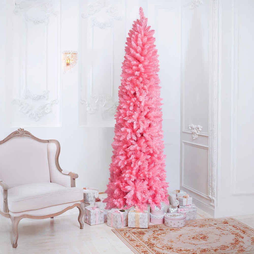 7.5 FT Hinged Christmas Tree, Artificial Pencil Christmas Tree, Pink