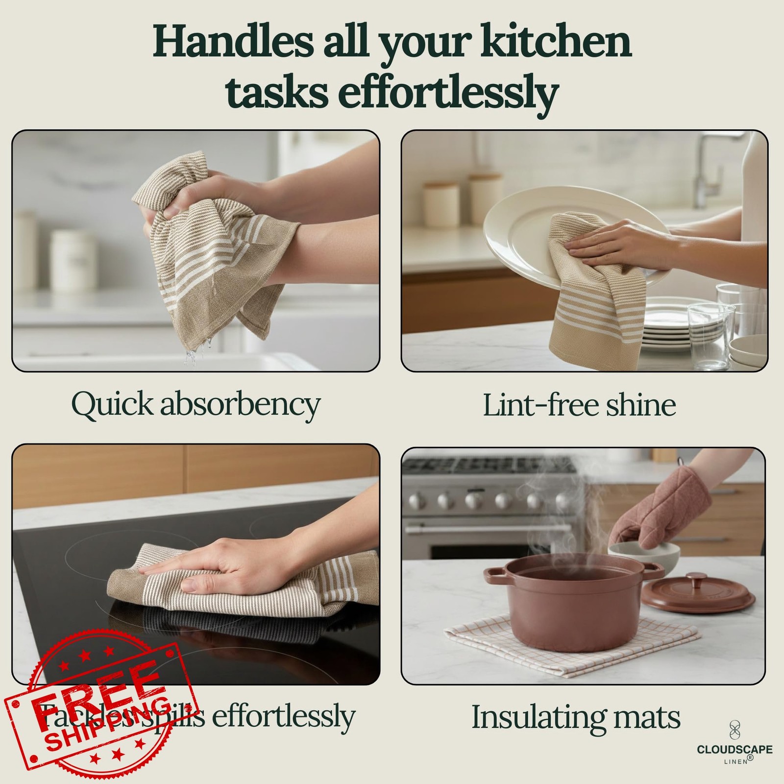 CLOUDSCAPE Kitchen Towels Beige 12 Pack gallery